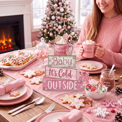 Moucuny 4 Pcs Pink Christmas Table Decor Wooden Hot Chocolate Cocoa Decor - style: Baby, It’s Cold Outside
