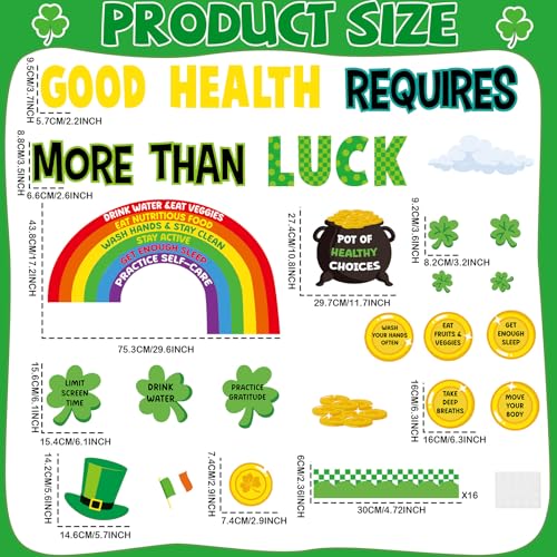St. Patrick's Day Health Bulletin Board Lucky Shamrock Bulletin Board Decorations Rainbow Gold Coin Paper Cutouts for St. Patrick Party Supplies Home Classroom Chalkboard Wall Door Window Decoration - style: St. Patrick's Day Health