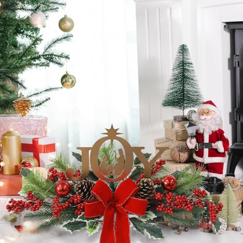 Eksen LED Lighted Christmas Centerpiece for Table or Mantel, Metal Joy Sign with Pine Greenery and Red Bow, Indoor Christmas Table Decorations for Holiday Home Decor