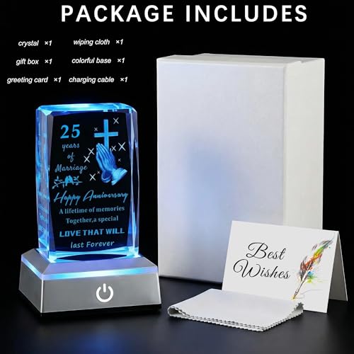 25th Wedding Anniversary Crystal Gifts for Couples with LED Base, Laser Engraved Happy Anniversary Keepsake Gift for Wife Husband, Marriage Gifts for Her Him - color: 25TH Wedding Anniversary