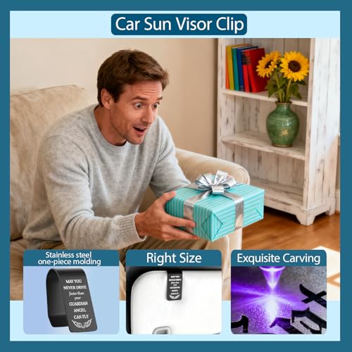 May You Never Drive Faster Than Your Guardian Angel Can Fly Engraved Stainless Steel Car Visor Clip, Christian Inspirational Gift for Women Men, Religious Safe Driving Reminder EDG23 - color: Black-G23