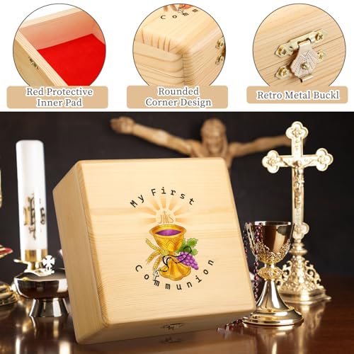 Wonderjune First Communion Wooden Keepsake Box First Holy Communion Gift Cross Rosary Jewelry Box Baptism Gift Memory Storage(Large)