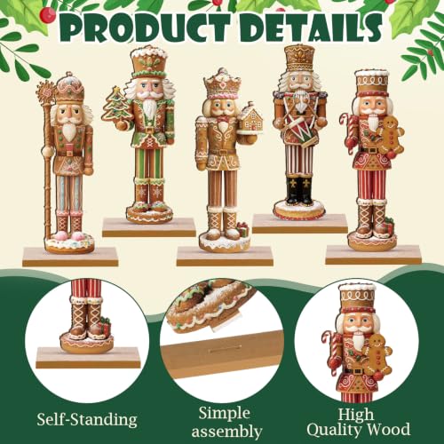 RattanView 5 Pcs Gingerbread Christmas Table Decorations Wooden Ginger Bread Nutcracker Decor Christmas Centerpiece Ginger Bread Village Xmas Nutcracker Tiered Tray Home Decor with Base for Party - style: Gingerbread Nutcracker