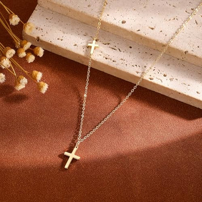 Cross Necklace for Women 14K Gold Silver Plated Small Cross Necklace Dainty Cross Pendant Choker Simple Trendy Cute Sideway Cross Charm Chain Necklaces for Women Trendy Christian Baptism Religious Faith Jewelry Gifts - size: Gold-152
