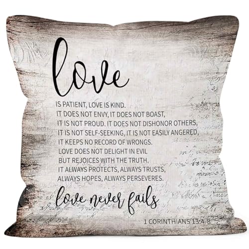 Vintage Christian Bible Verse Love is Patient Throw Pillow Covers 18x18, Rustic Scripture Corinthians Decor Pillow Cases for Farmhouse Bedroom Living Room, Religious Pillowcases for Couch Bed - color: Christian-01