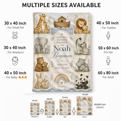 Personalized Noahs Ark Baby Blanket, Custom Baptism Baby Blanket - color: Beige #1