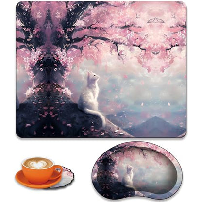 Mouse Pad 9.4"x7.9" + Wrist Support Pad + Embroidered Cup Pad Non-Slip Set, Ergonomic Mouse Wrist Support Pad, Suitable for Office/Gaming/Home Use, Cherry Blossom Cat - color: Cherry Blossom Cat