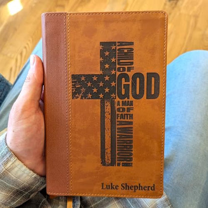 Personalized NIV Bible, Large Print, Custom Holy Cross Bible, New International Version | Man of Faith, Brown - color: Brown Personalized Leather