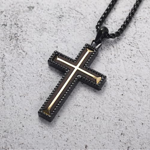 Wooden Cross Necklace for Men With Stainless steel And Black Ebony Adjustable Box Chain 24–26 inches Suitable for Everyday Wear And Christian Gifts for Men - color: Black-A