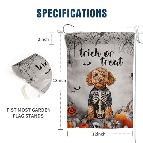 Halloween Golden Doodle Garden Flag Trick or Treat Yard Flag Ghost Dog Garden Flags for Outside 12x18 Double Sided Small Dachshund Skeleton Halloween Decor Outdoor Lawn Welcome Flag - color: halloweendoodle
