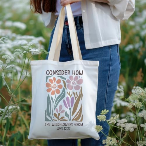 Christian Tote Bag Religious Gifts Canvas Bags for Women Men Shopping Work Gym Picnic Travel - color: Consider How the Wildflowers Grow Luke 12:27