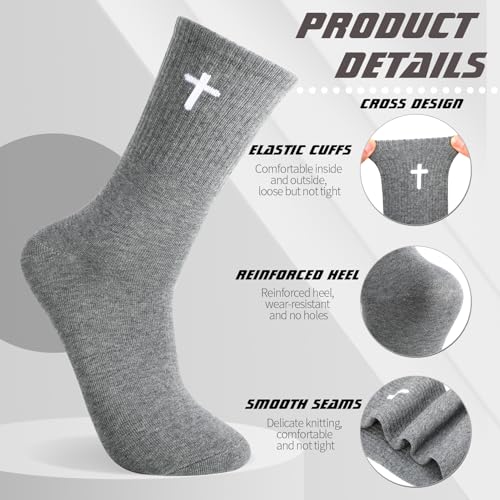 6 Pairs Cross Socks for Men US 7-9 Christian Pastor Crew Socks - color: Black, White, Gray