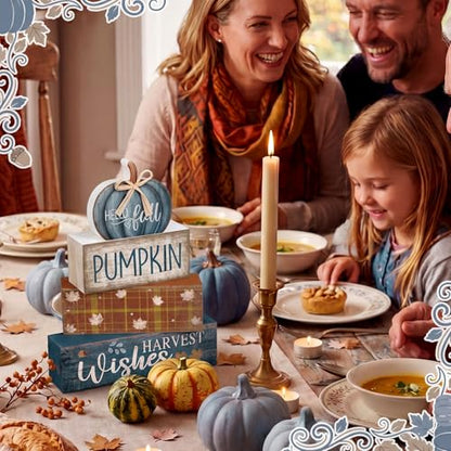 Lineshading 4 Pcs Blue Pumpkin Wooden Block Signs Fall Farmhouse Decor - style: Blue Pumpkin