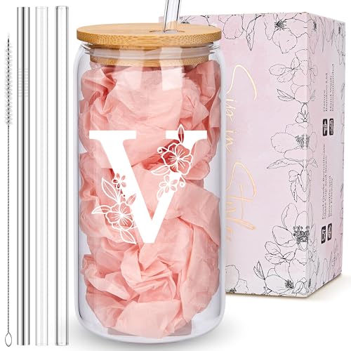 Personalized Tumbler, Monogrammed Can Glass Cups with Bamboo Lids and Straws, Customized Gifts for Women, Cute Design Initial Iced Coffee glasses, Custom Letter Mug, Birthday Bridesmaid, V - style: Monogram V
