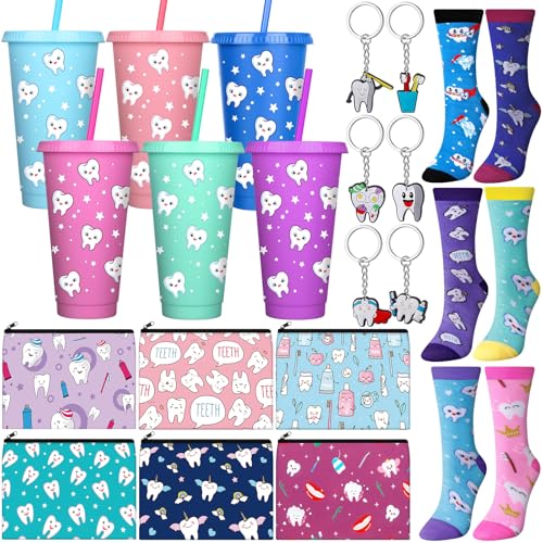 Funnymoom 24 Pcs Back to School Dental Assistant Gifts Set 24 oz Teeth Plastic Tumbler Cup with Lid Straw Tooth Cosmetic Bag Novelty Teeth Sock Tooth Keychain Dentist Hygienist Accessories for Women - style: Dental Hygiene