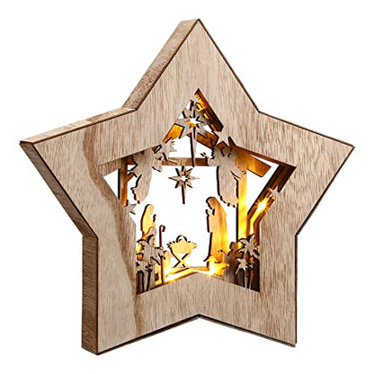 Bucherry Wooden Nativity Scene Christmas Decoration LED, Star - style: Star