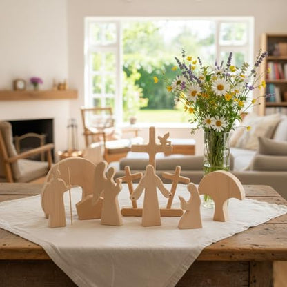 8-Piece Tabletop Religious Decor - Christian Home Decor Figurines, Minimalist Jesus Cross Centerpiece - Natural Wood