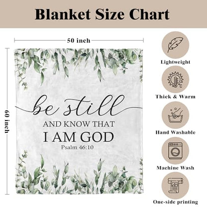 Christian Bible Verse Blanket, Christian Gifts for Women Men, Be Still and Know That I Am God Religious Scripture Throw Blankets for Bedroom Living Room Couch Sofa, 50x60 Inches - color: Green Leaf