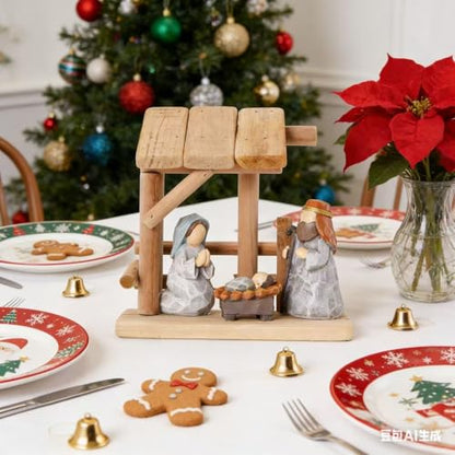 Christian Nativity Scene Decoration with Gift Box, Hand-Painted Resin Figurines with Wooden Stable, 6.7 Inches Tall, Perfect for Christmas Tabletop, Holiday Dining Table & Fireplace Decor
