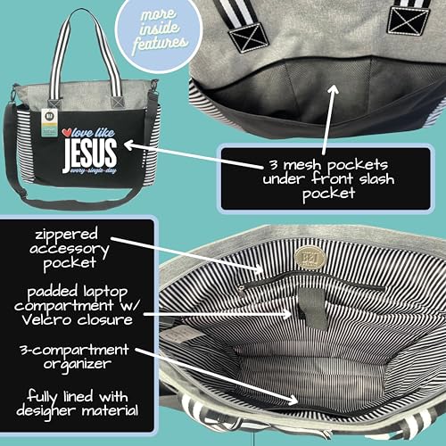 Brooke & Jess Designs Church Bags for Women - Bible Tote Bags for Women, Large Tote Bag for Womens with Zipper - color: Gray Loulou Love Like Jesus