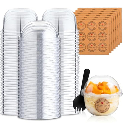 Cunhill 50 Pack Dessert Cups with Dome Lids Disposable Plastic Cups with Lids Clear Pet (No Hole), Sporks and Stickers for Plastic Fruit, Cake and Mini Snack Bowls(9 oz,Simple Cup) - size: 9 oz