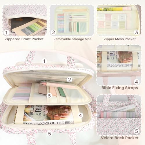 Bible Cover Case for Women Bible Study Supplies Church Camp Essentials Christian Gifts for Women Journaling Kit Quilted Large Bible Book Sleeve (Pink Flowers, Large) - color: Pink Flowers