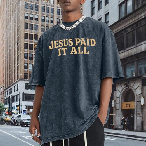 Christian Shirts for Men Religious Cross Bible Verse Jesus Faith Oversized T Shirt Graphic Vintage Acid Wash Tees - color: Denim Blue, size: Small