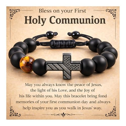 Christian Cross Bracelet Gift for Men Boys Adjustable Beaded Cross Bracelet Religious Jewelry with Message Card for Communion Baptism Confirmation Easter - style: American Flag First Communion