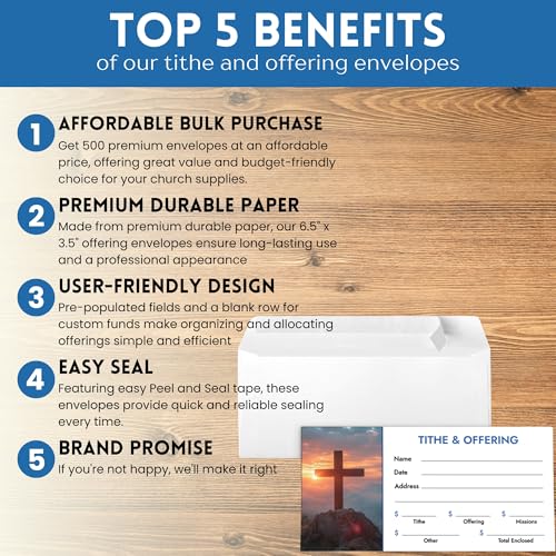 Christian Church Tithing Envelopes Self-Seal (500 Pack) - 6.5"x3.5" Offering Envelopes with Pre-Printed Fields for Tithes, Offerings, and Missions (Modern)