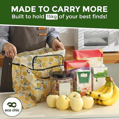 ECO CHIC Foldable Reusable Large Recycled Grocery Bags Lightweight Shopping Tote Bags with Storage Pouch - Collection of 4 bags - color: Cute