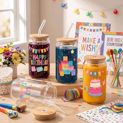 Glass Cups with Lids and Straws, 4Pack, 16oz, Birthday Party - color: Happy Birthday