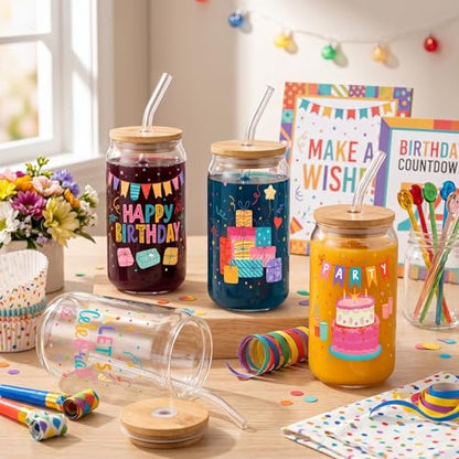 Glass Cups with Lids and Straws, 4Pack, 16oz, Birthday Party - color: Happy Birthday
