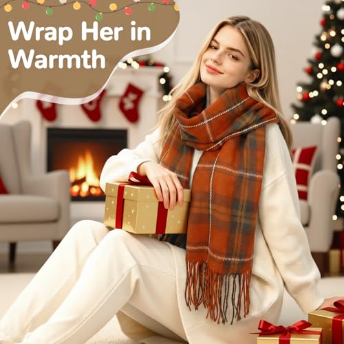 Loritta Winter Scarf for Women, Long Plaid Shawl Wraps Scarves Gifts - color: U-orange Dark Green Lattice