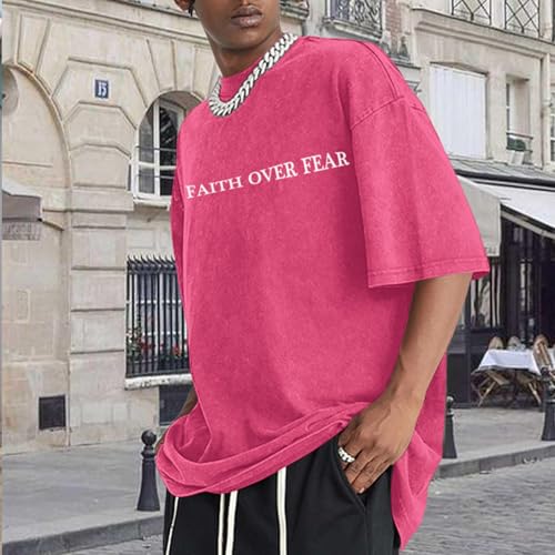 Christian Faith Over Fear Shirt for Men Jesus Religious Shirts Oversized Graphic Tees Acid Wash God T-Shirt - color: Pink, size: Medium