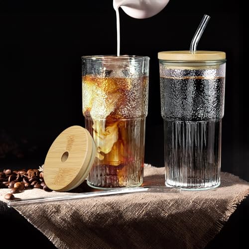 Joeyan 24 oz Clear Glass Tumbler with Straw and Bamboo Lid,Dishwasher Safe - color: Clear glass tumbler with bamboo lid