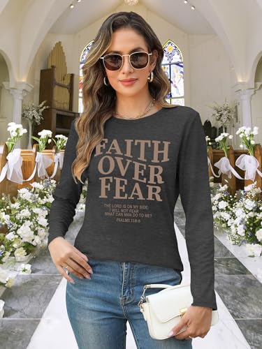 Christian Shirts for Women: Faith Over Fear T Shirt Religious Graphic Tee Bibel Verse Long Sleeve Tops - color: Grey, size: Small