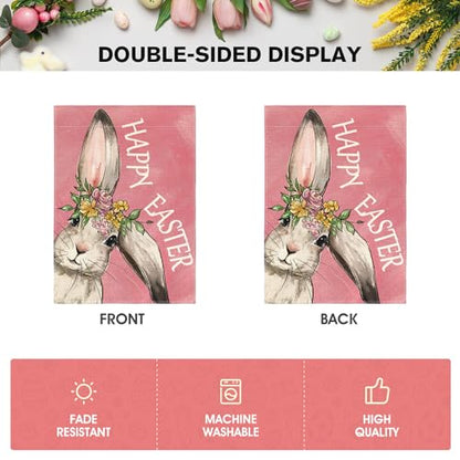 AVOIN colorlife Pink Happy Easter Bunny Garden Flag 12x18 Inch Outside - color: Pink, size: Garden Size-12 x 18"
