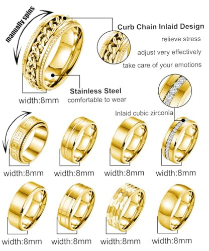 9Pcs 8MM Stainless Steel Band Rings for Men Women Chain Rings Simple Brushed Wedding Engagement Rings Set 7-13 - color: Gold