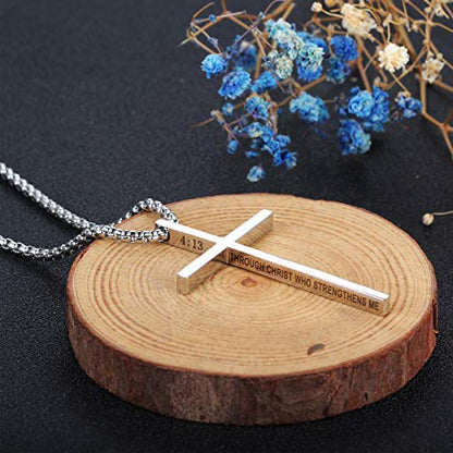 Stainless Steel Cross Pendant Necklaces for Men Women 24 Inch Chain - color: Silver