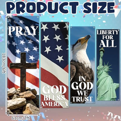 Hosuly 4 Pcs Independence Day Church Banners Patriotic Church Banners for Sanctuary Wall 4th of July Religious Praise Hanging Sign God Bless America for Holiday School Outside Indoor Patriotic Decor - size: 2 x 6 Feet, style: Patriotic