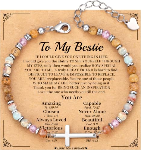 Cross Bracelet for Women, Christian Gifts for Women 2026 Stocking Stuffers for Teens Her Bead Bracelet Adjustable Gemstone Faith Religious Confirmation Communion Bracelet for Best Friend Mom Faith Birthday Anniversary Jewelry - color: Colorful- Bestie