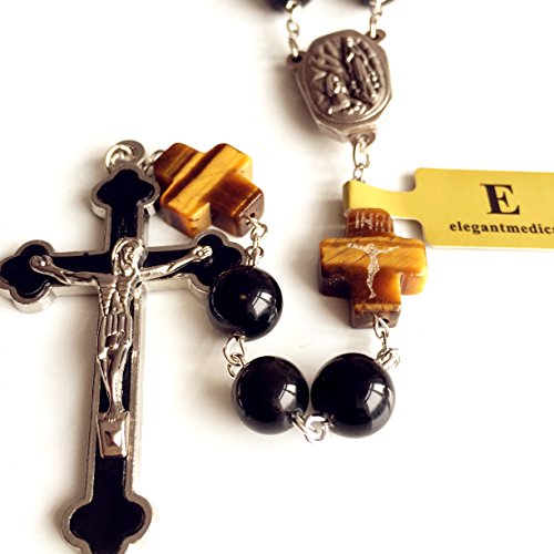 elegantmedical HANDMADE Catholic BLACK 10MM Obsidian BEADS Lourdes Water medal ROSARY CROSS NECKLACE BOX Mens Womens gift