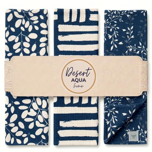 Kitchen Towels, Dish Towels for Kitchen, 3 Pc Kitchen Towel Set - color: Navy/Tan