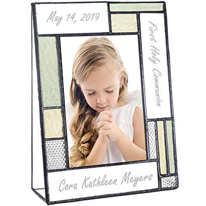 First Communion Gifts Personalized Picture Frame Custom Engraved Glass 4x6 Vertical Photo Green And Antique Yellow J Devlin Pic 430-46V EP620