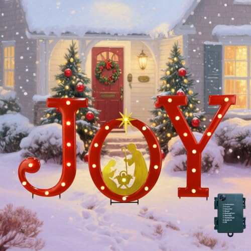 Hausse Lighted Christmas Decorations Outdoor, 15" Joy Letter Nativity Scenes Sets, Xmas Metal Religious Yard Decor with Stake, Battery Powered for Home Winter New Year Holiday Garden Patio Lawn