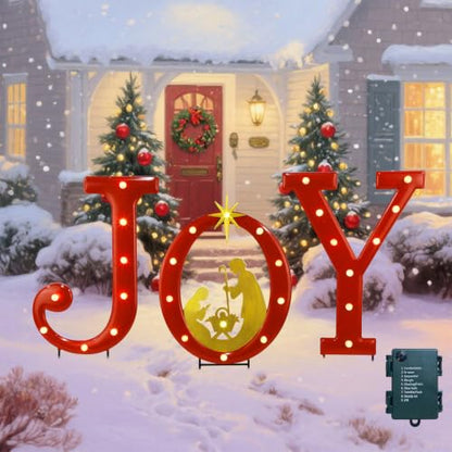 Hausse Lighted Christmas Decorations Outdoor, 15" Joy Letter Nativity Scenes Sets, Xmas Metal Religious Yard Decor with Stake, Battery Powered for Home Winter New Year Holiday Garden Patio Lawn