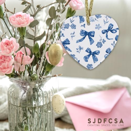 Coquette Blue Bow Floral Christmas Ornament, Preppy Bow Flower Hanging Heart Ornaments for Christmas Tree Holiday Party Decorations, Blue Girly Xmas Decorative Ornaments Keepsake TCP - color: Bow-blue-1