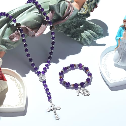 Rosary for Men Women, Natural Stone Beads with St. Benedict Bracelet - color: Purple
