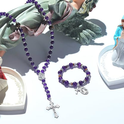 Rosary for Men Women, Natural Stone Beads with St. Benedict Bracelet - color: Purple