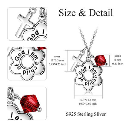 AOBOCO 925 Sterling Silver I Am a Child of God Daisy Necklace Jewelry Birthday Birthday Baptism Communion Gifts for Girls - color: Simulated Garnet
